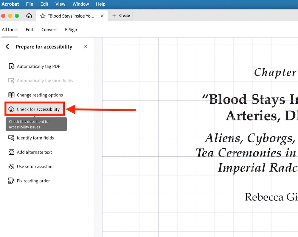 Adobe Acrobat Pro displaying a PDF with the “Check for Accessibility” button highlighted in the right-hand toolbar.
