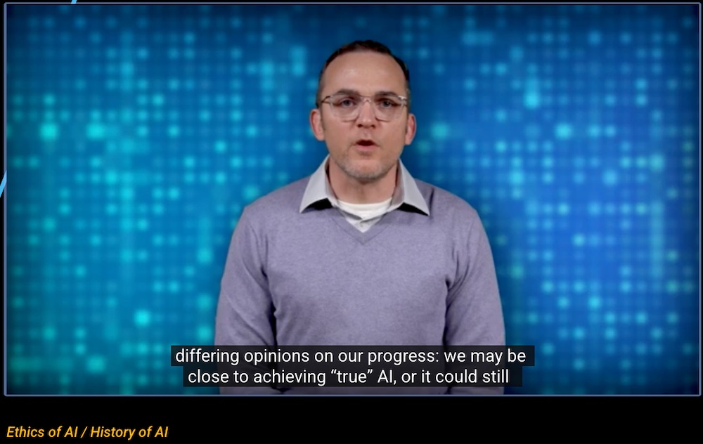 A VCU video, Ethics of AI/History of AI, displaying closed captions at the bottom of the screen as the speaker talks.