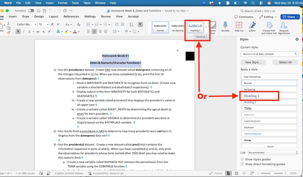 Microsoft Word document with heading text selected and the Heading 1 style highlighted in the ribbon and Styles pane, showing use of built‑in heading styles instead of manual formatting.