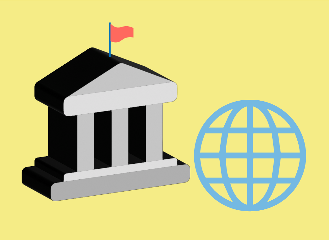 Graphic of a icon of a school and a globe