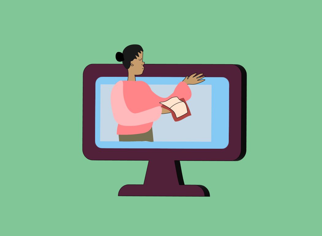 Graphic of a person, telling a story on a computer screen