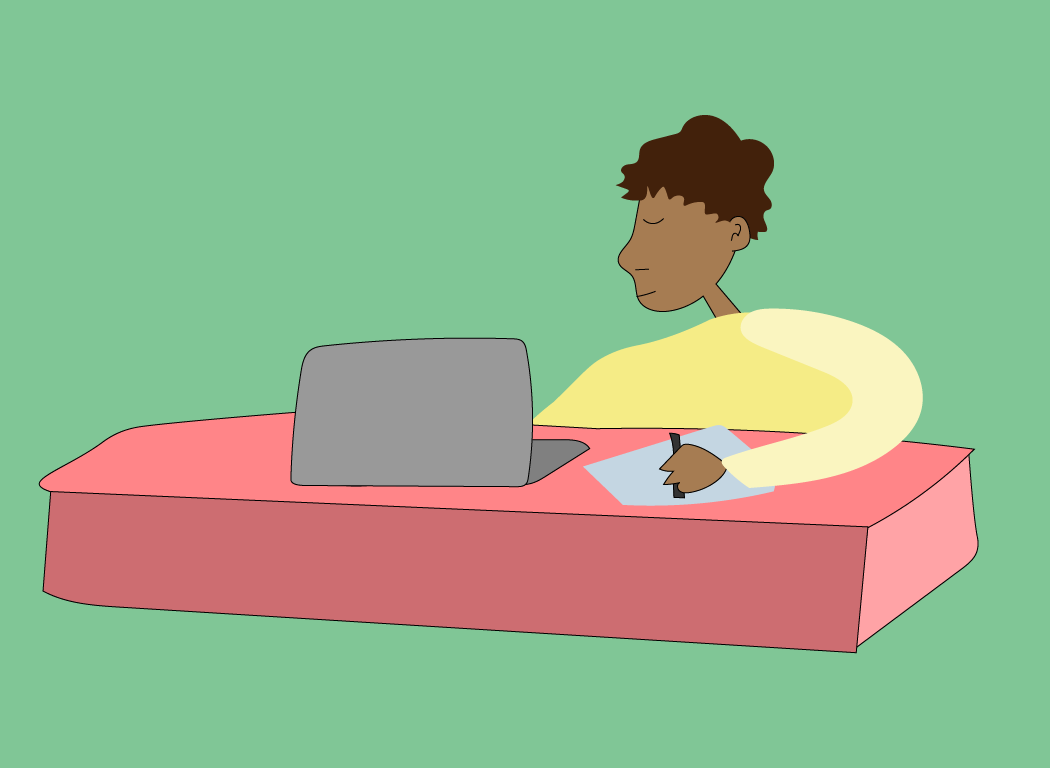 Graphic of a student at a desk looking at a laptop