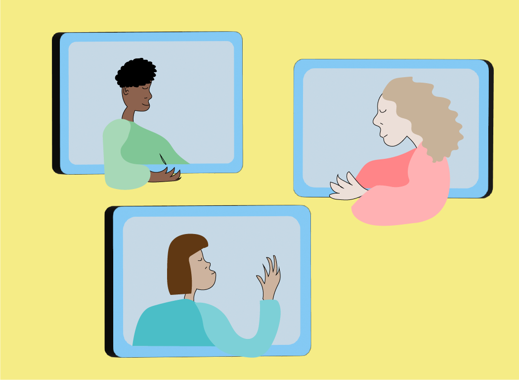 Graphic of three people in different computer windows chatting