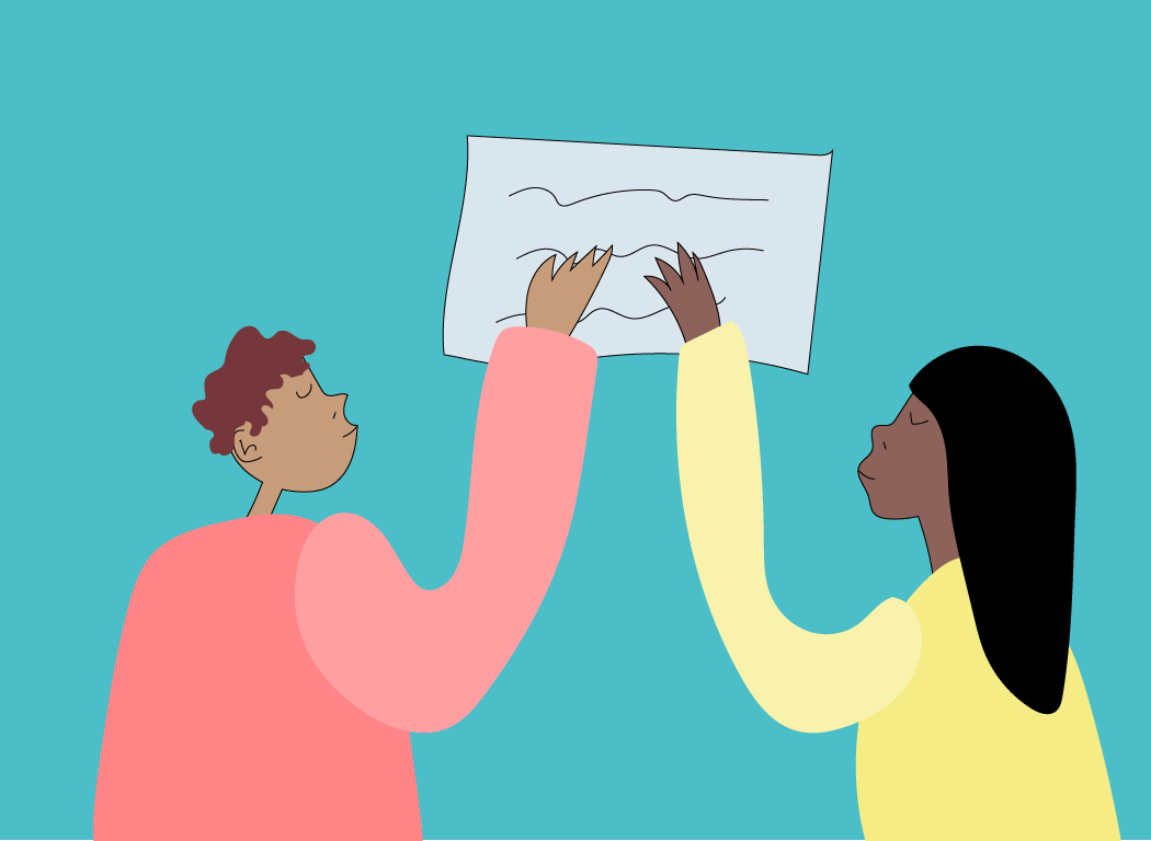 Graphic of students holding up a paper